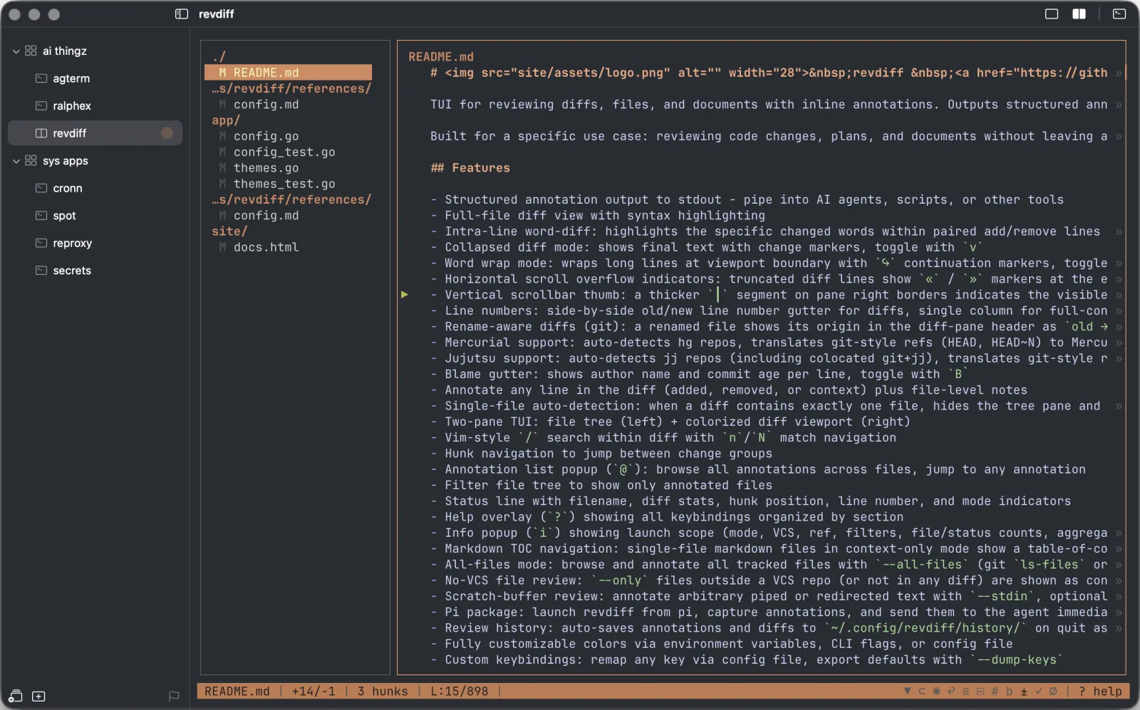 A full-screen diff TUI running in a session